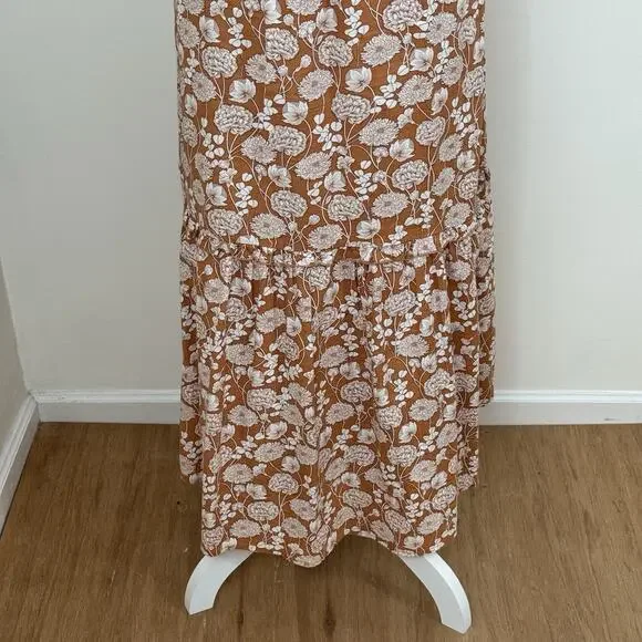 Saks Fifth Avenue Floral Ruffle Linen Blend Midi Dress Size L Brown White - Picture 10 of 12